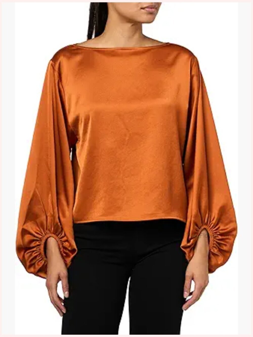 Long Balloon Sleeve Satin Blouse Boat Neck Relaxed Fit